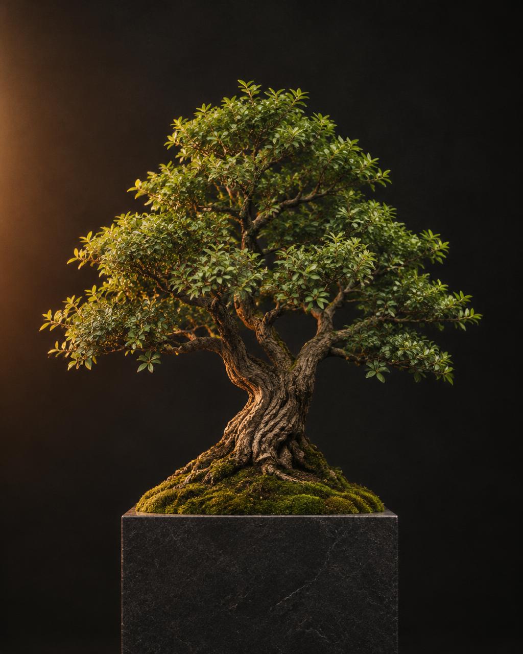 Árvore frondosa plantada sobre um pedestal de pedra